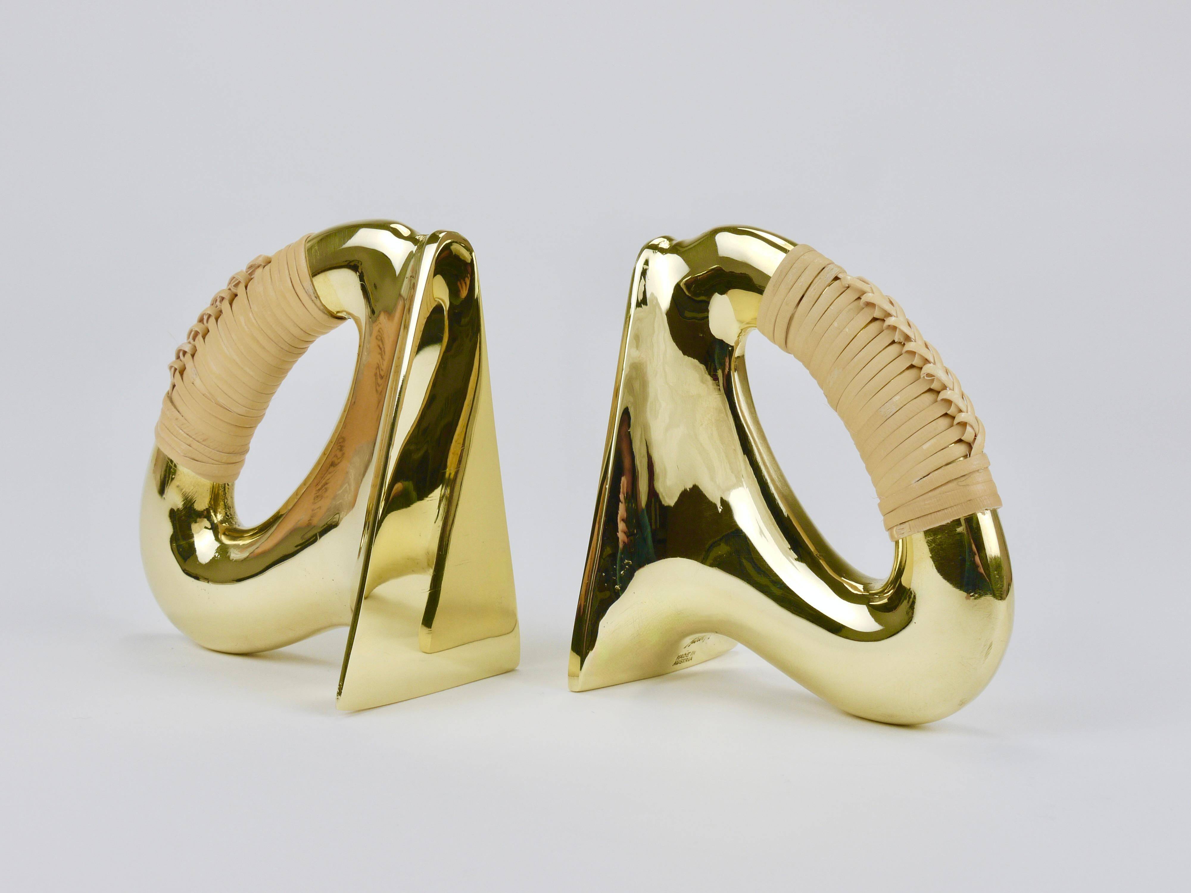 Pair of Carl Auböck Flat Iron bookends in brass and rattan #3530, Vienna, Austria