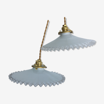 Pair of white opaline hanging lamps with toothed edges