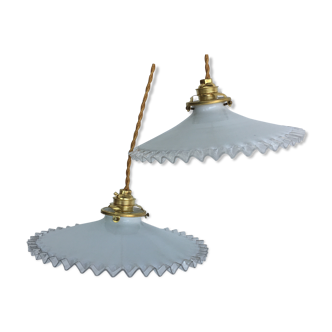 Pair of white opaline hanging lamps with toothed edges