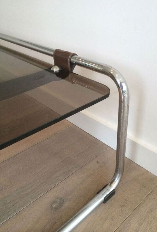 Table basse en chrome, cuir et verre fumé