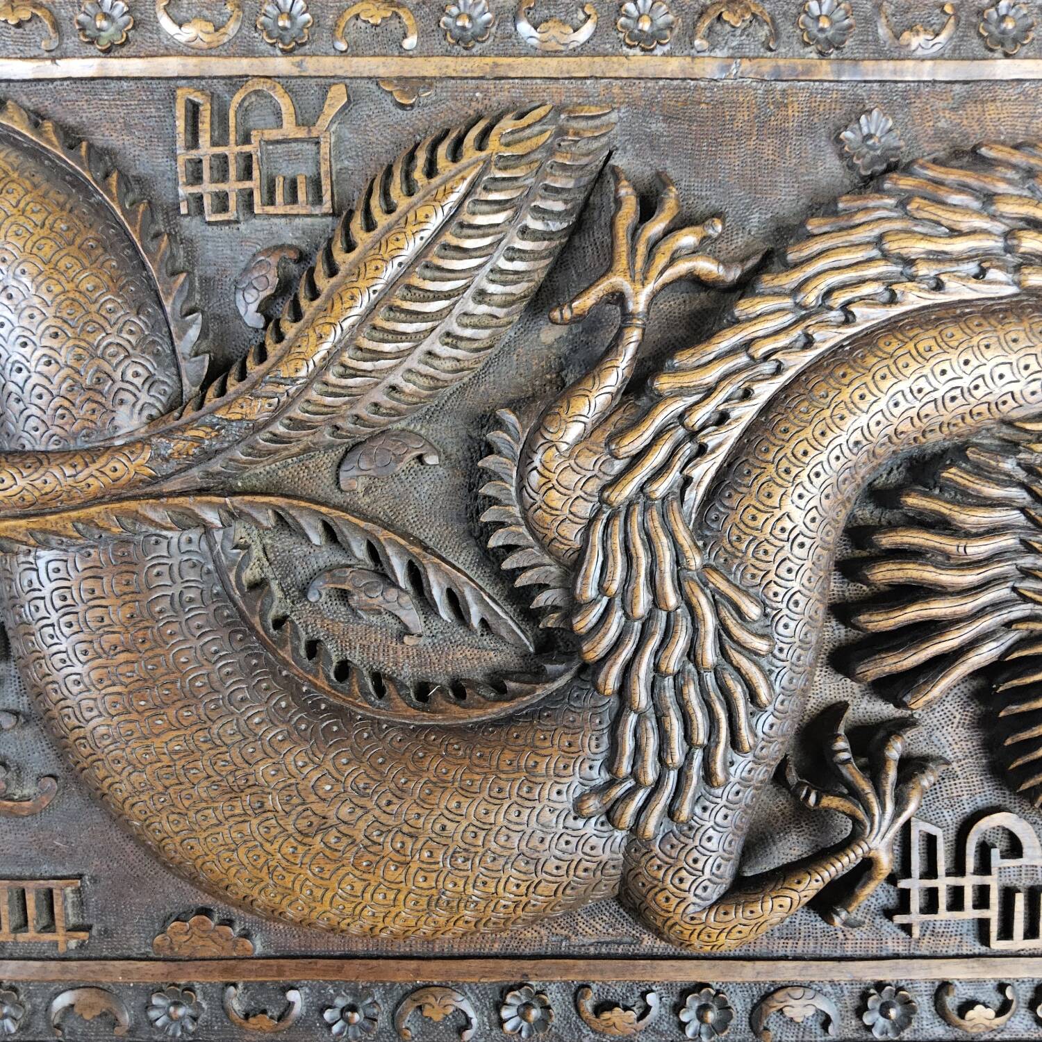 Antique 19th-century Chinese secretary with dragon woodcarving
