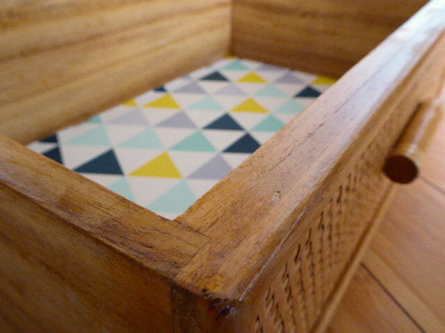 Chest of drawers vintage wood and rattan blond 4 drawers ca 1970