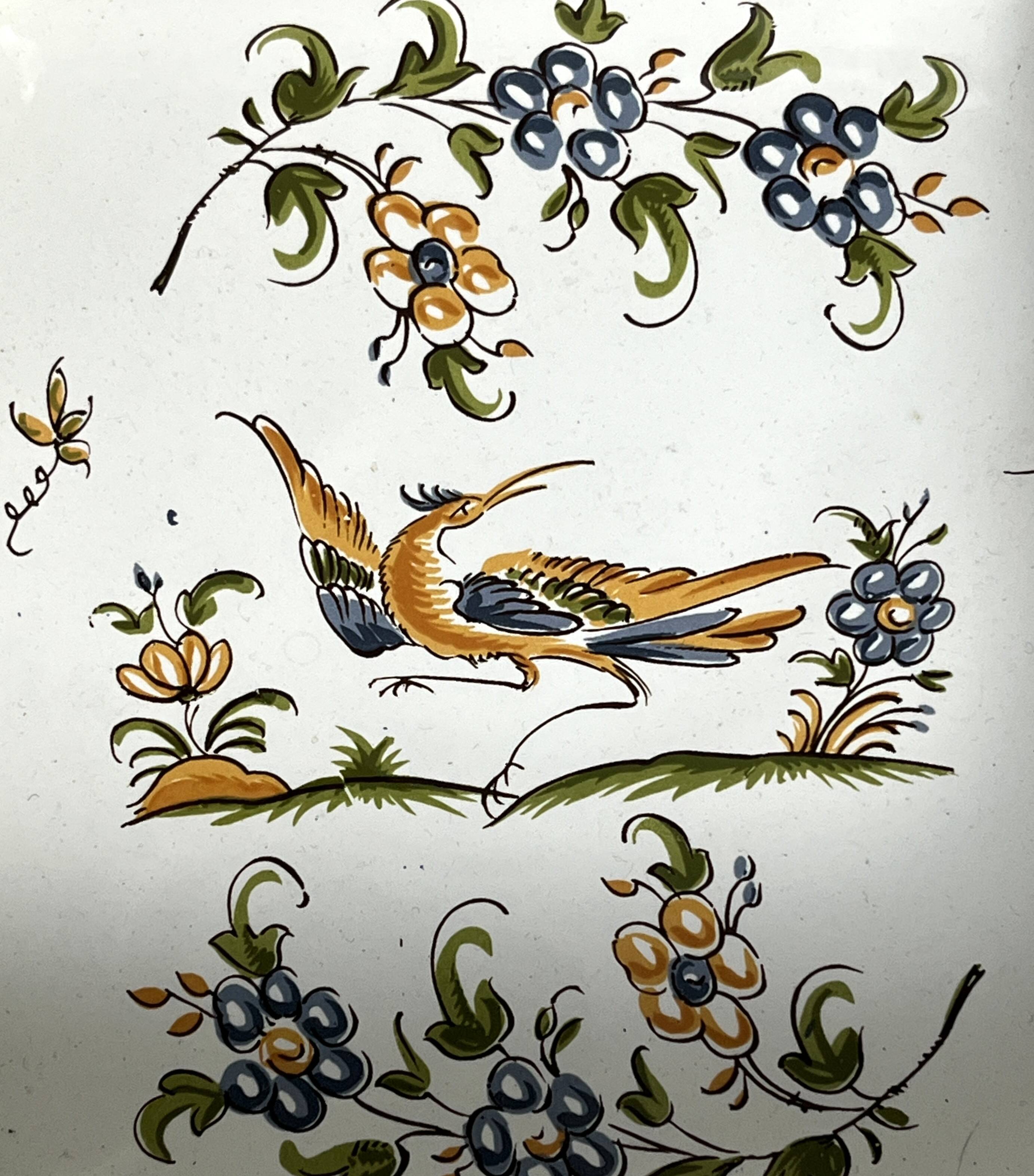 Moustiers, square shallow dish with bird decoration, 20th century.