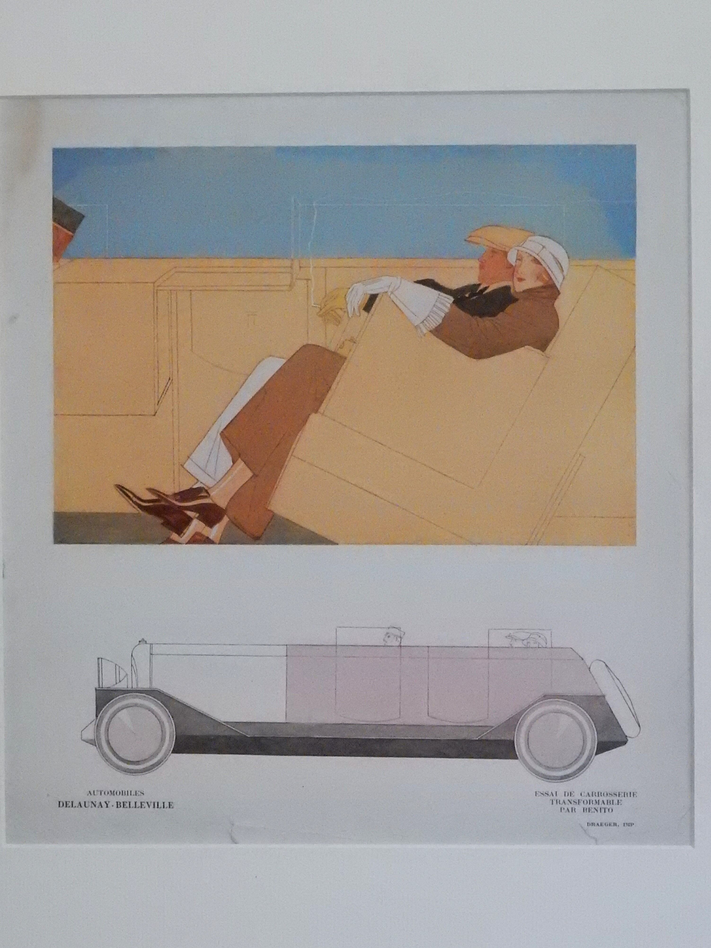 Art Deco illustration luxury car Delaunay Belleville by Benito in 1924