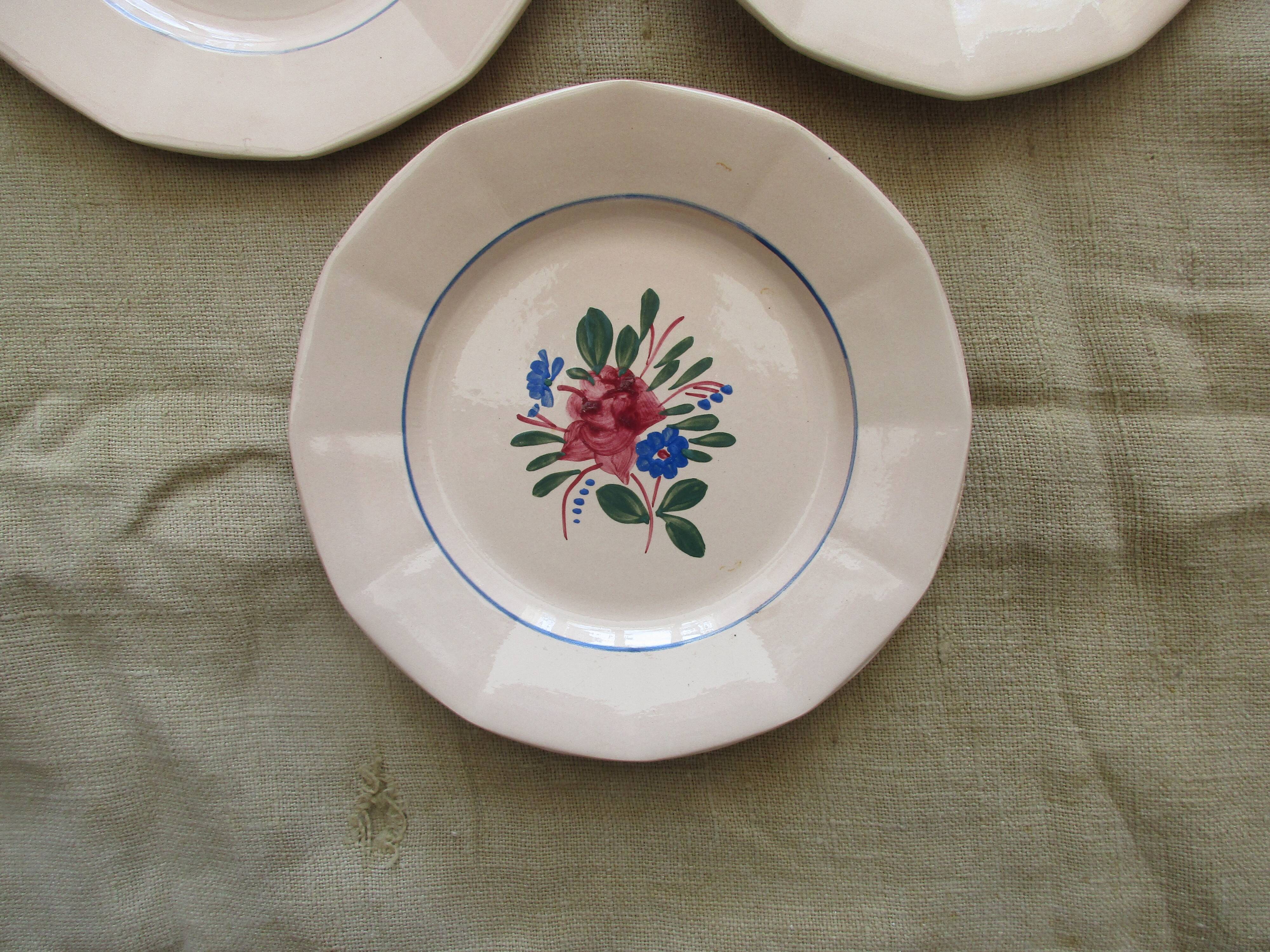 6 plates a decor floral on pink background faience digoin sarreguemine