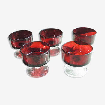 6 anciennes coupes à champagne rouges transparentes h8 cm