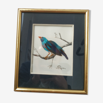 Encadrement d'un oiseau bleu en plumes et peinture