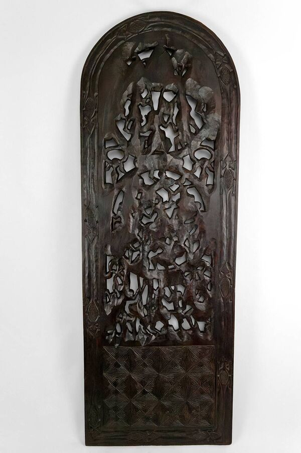 Porte africaine en bois sculpté et bronze de chef de village Baboun, Cameroun, début XXe