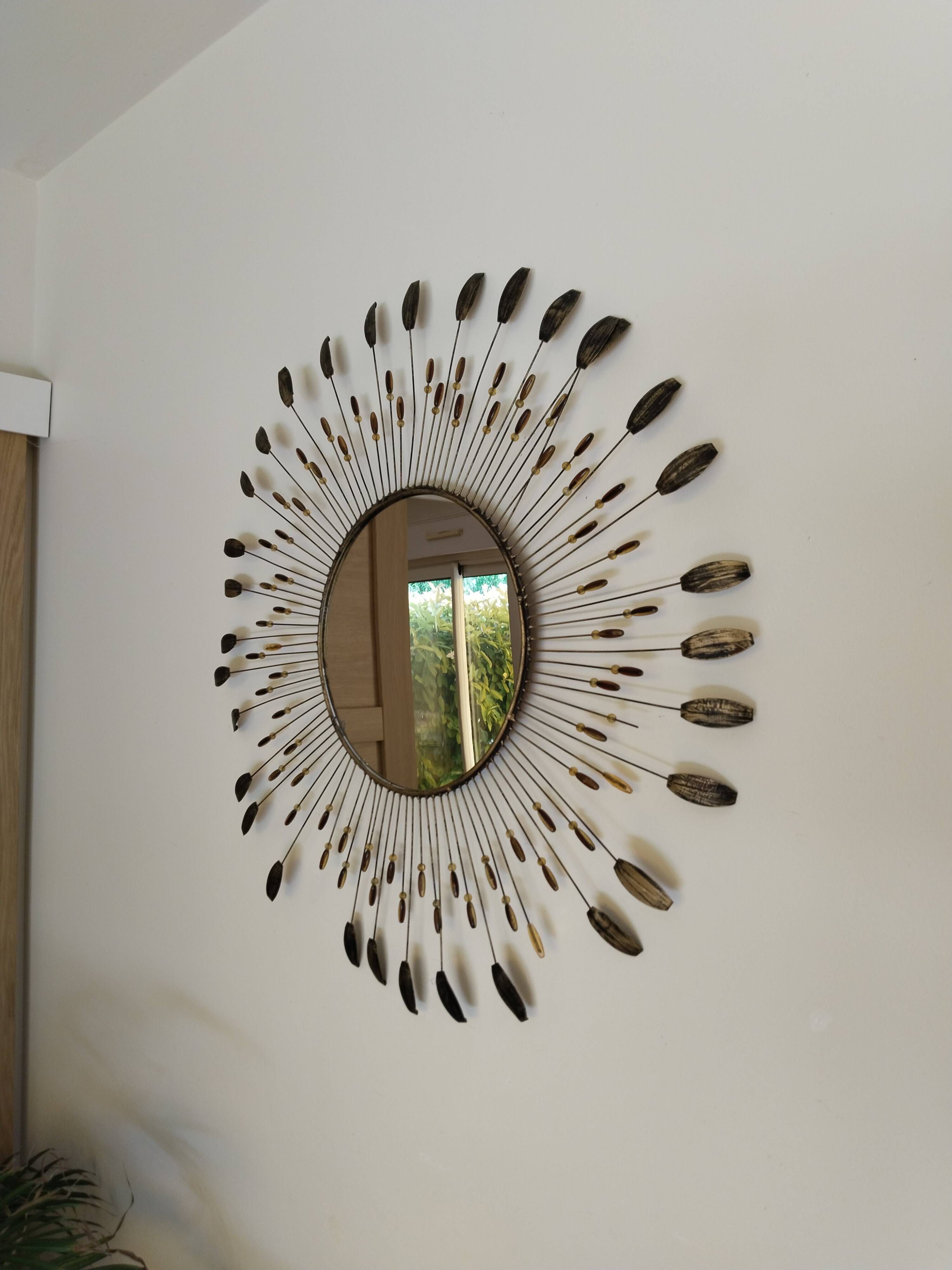 Large metal sun mirror 75 cm, vintage, Line Vautrin style (2)