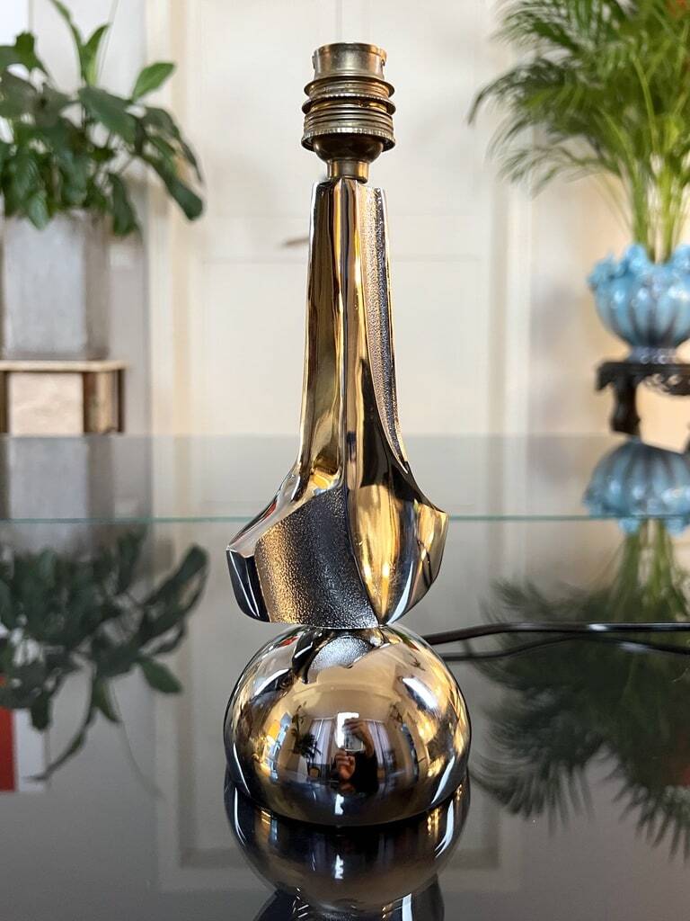Modernist Art Deco Table Lamp in Chromed Metal - Textile Lampshade