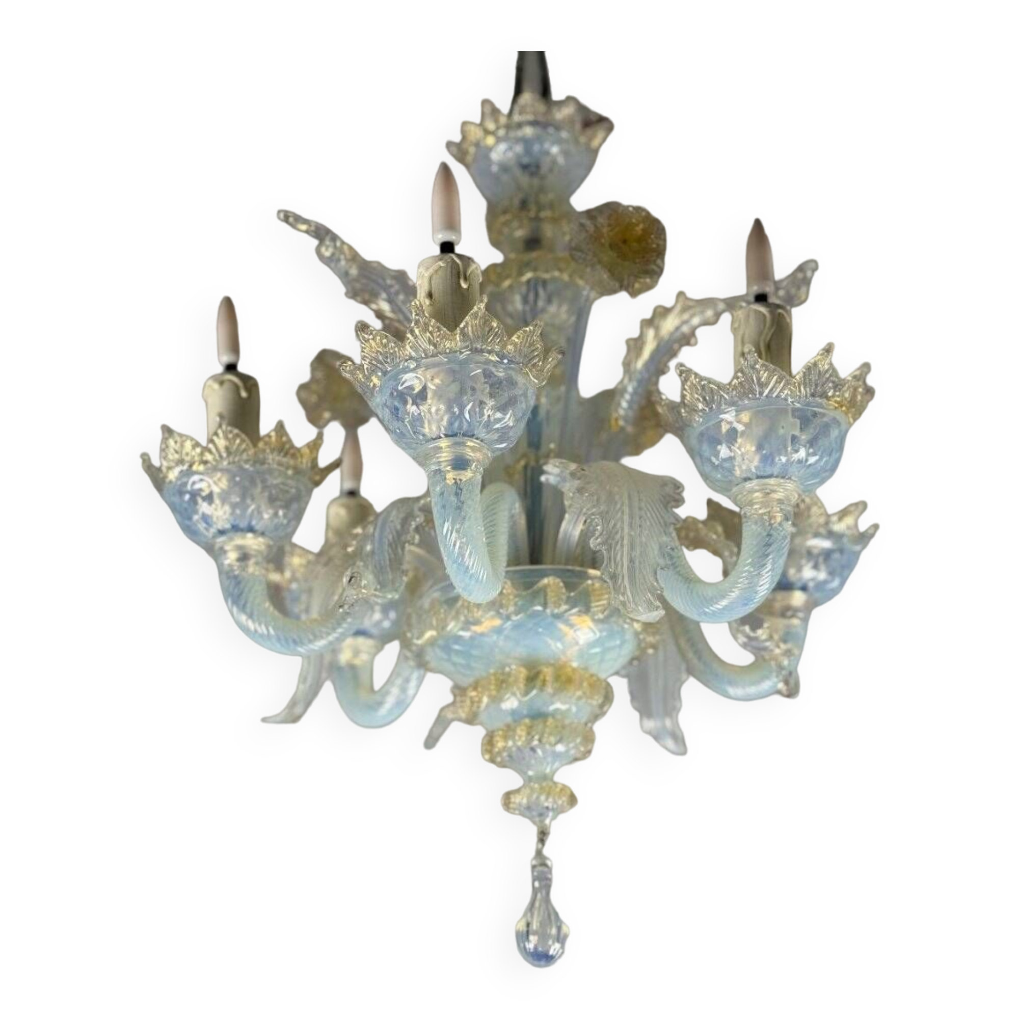 Small Venetian Chandelier In Opalescent Blue And Gold Murano Glass, 6 Arms Of Light Circa 1950