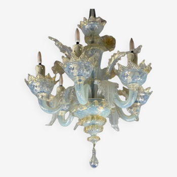 Petit Lustre Vénitien En Verre De Murano Bleu Opalescent Et Doré, 6 Bras De Lumière Vers 1950