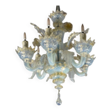Small Venetian Chandelier In Opalescent Blue And Gold Murano Glass, 6 Arms Of Light Circa 1950