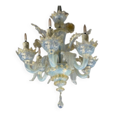Petit Lustre Vénitien En Verre De Murano Bleu Opalescent Et Doré, 6 Bras De Lumière Vers 1950