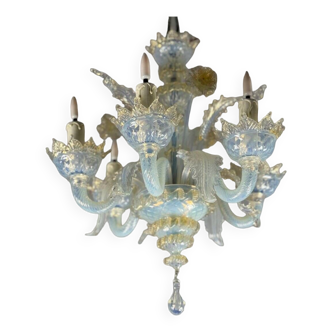 Petit Lustre Vénitien En Verre De Murano Bleu Opalescent Et Doré, 6 Bras De Lumière Vers 1950