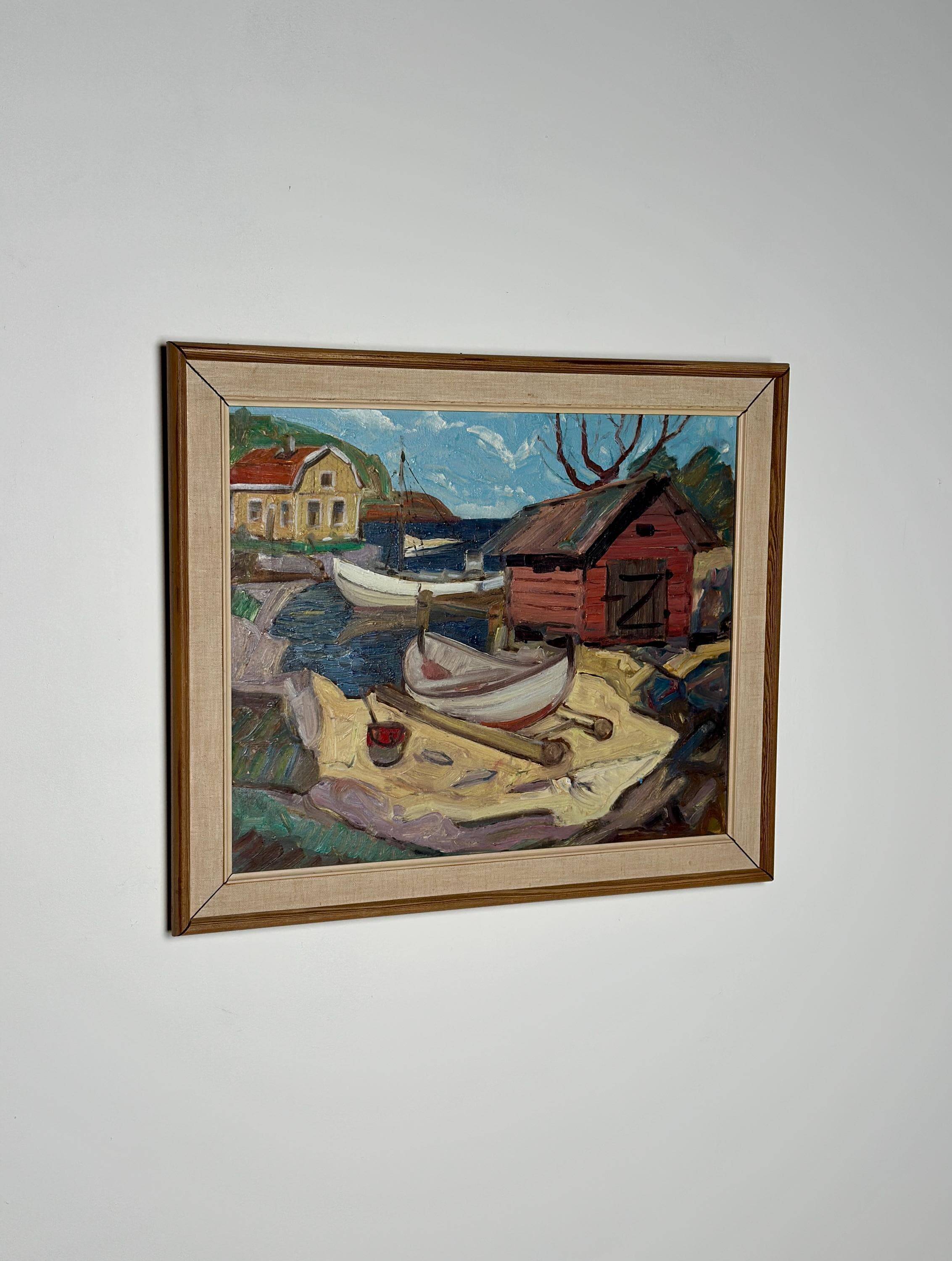 Huile sur toile suédoise d'époque mi-siècle – « Maison de bateau » par Nils Öberg – Vintage et encadrée – 53,5 × 45,5 cm (21,1" × 17,9")