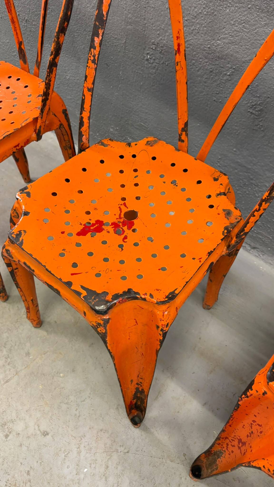 Set of four industrial metal dining chairs by Joseph Mathieu, painted steel, 1920s, France