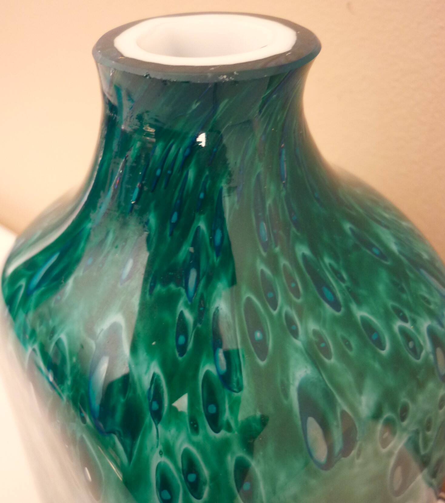 White multi-layer blown glass bottle vase with blue and green inclusions