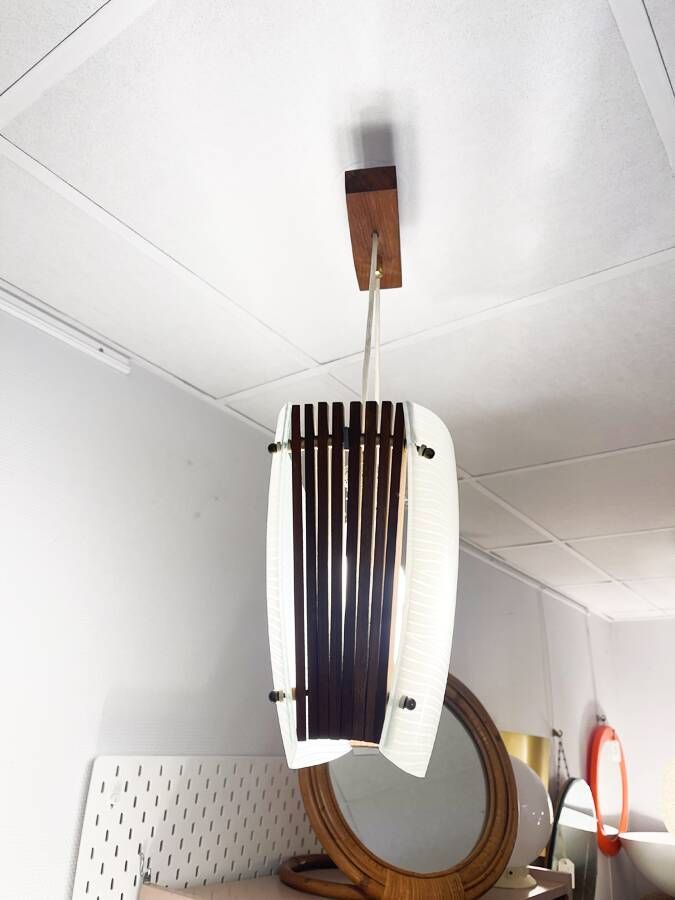 Opaline glass and teak suspension, circa 1960