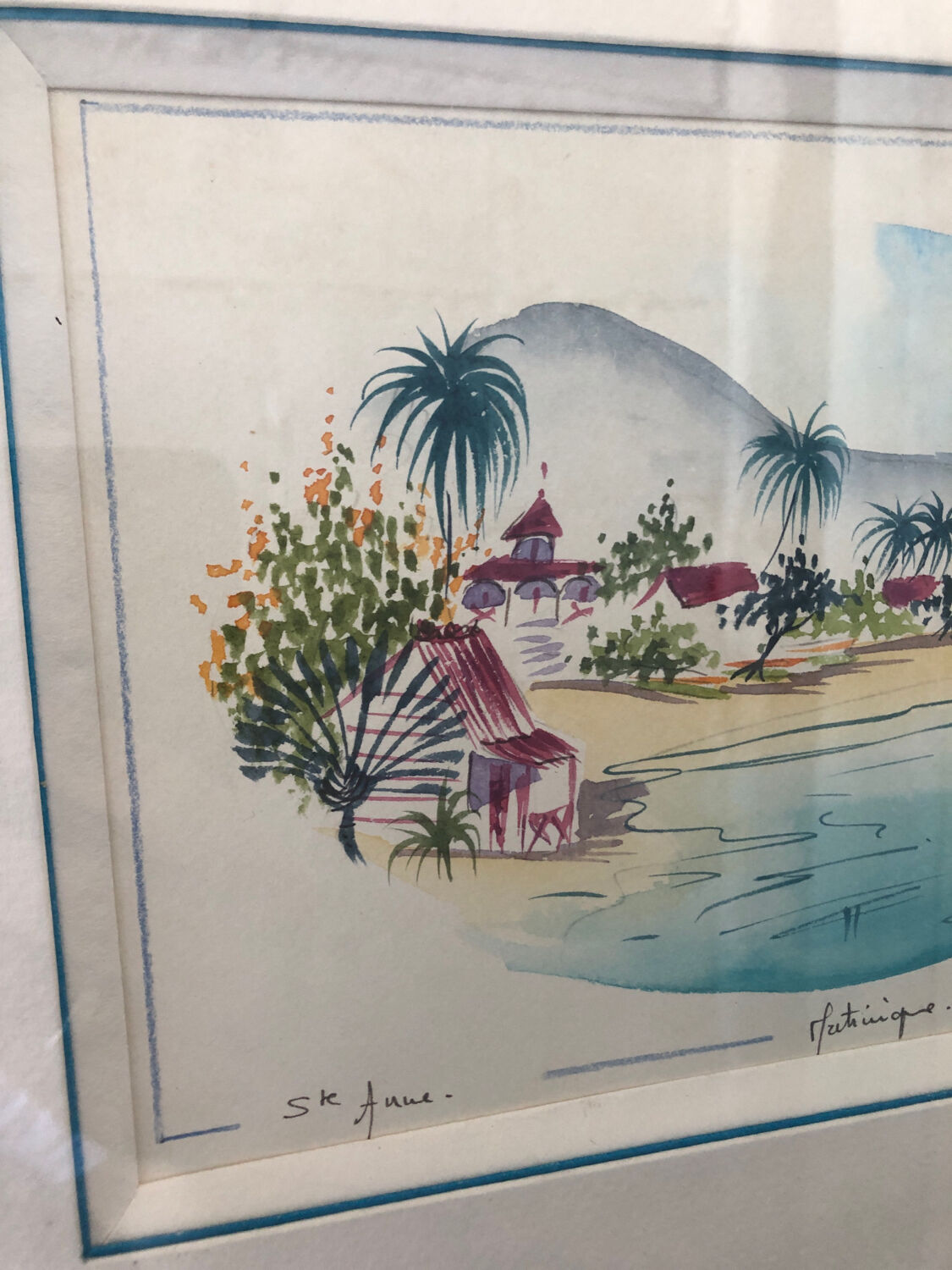 Watercolor painting nadine martinique st anne + wood frame #a224