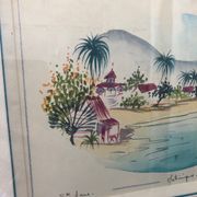 Watercolor painting nadine martinique st anne + wood frame #a224