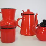 Set pichet & théière en métal émaillé orange et noir 1950s, set de 4