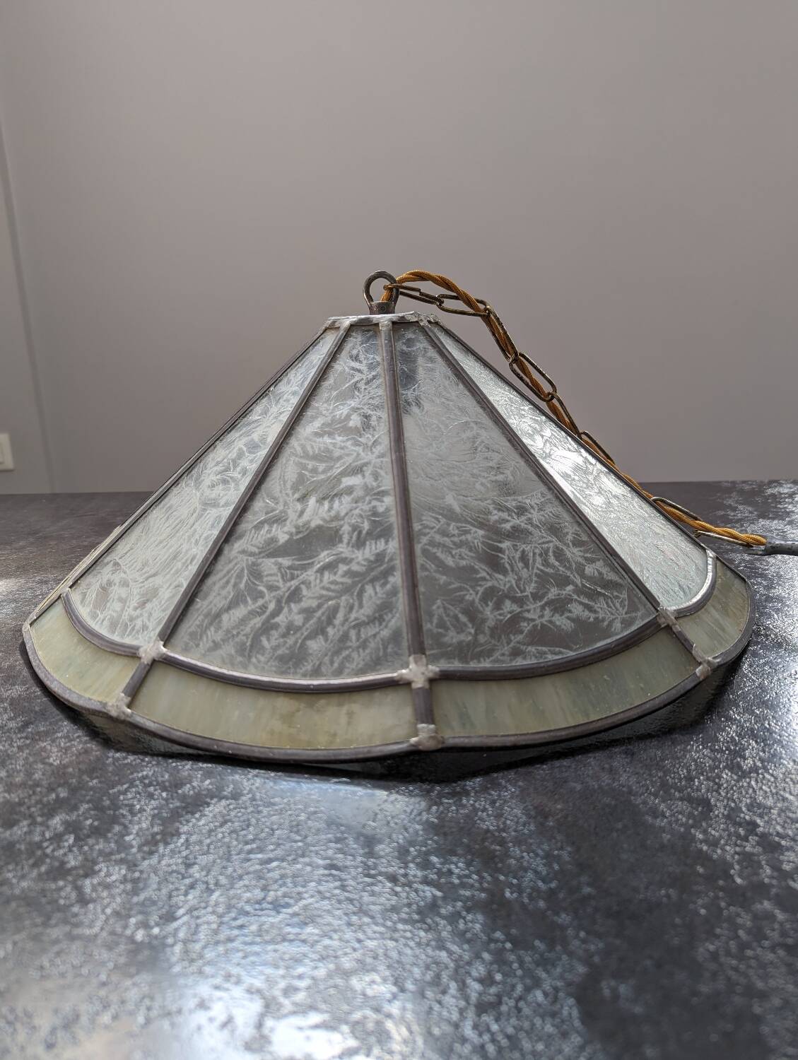Old large Art Deco pendant lamp with mother-of-pearl and glass shade