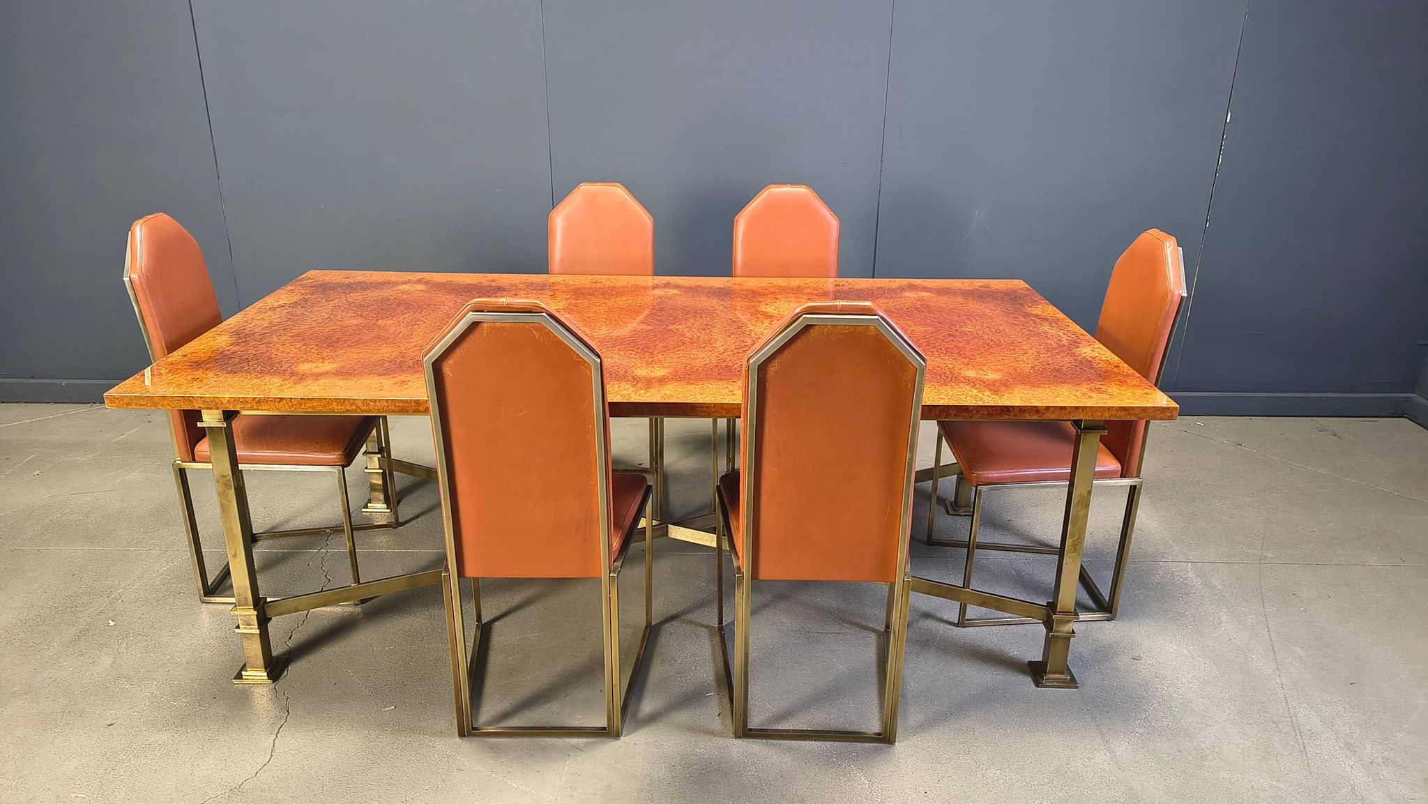 Vintage burl wood and brass dining table by Belgochrom, 1970s