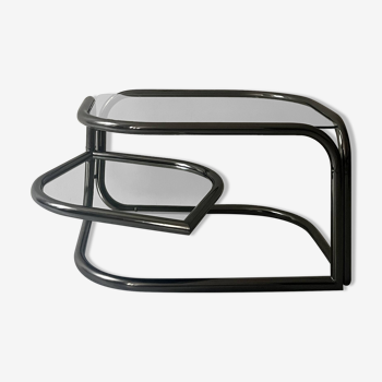rotating coffee table drop in tubular chrome metal, glass and mirror, design 1970