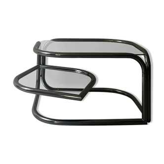 rotating coffee table drop in tubular chrome metal, glass and mirror, design 1970