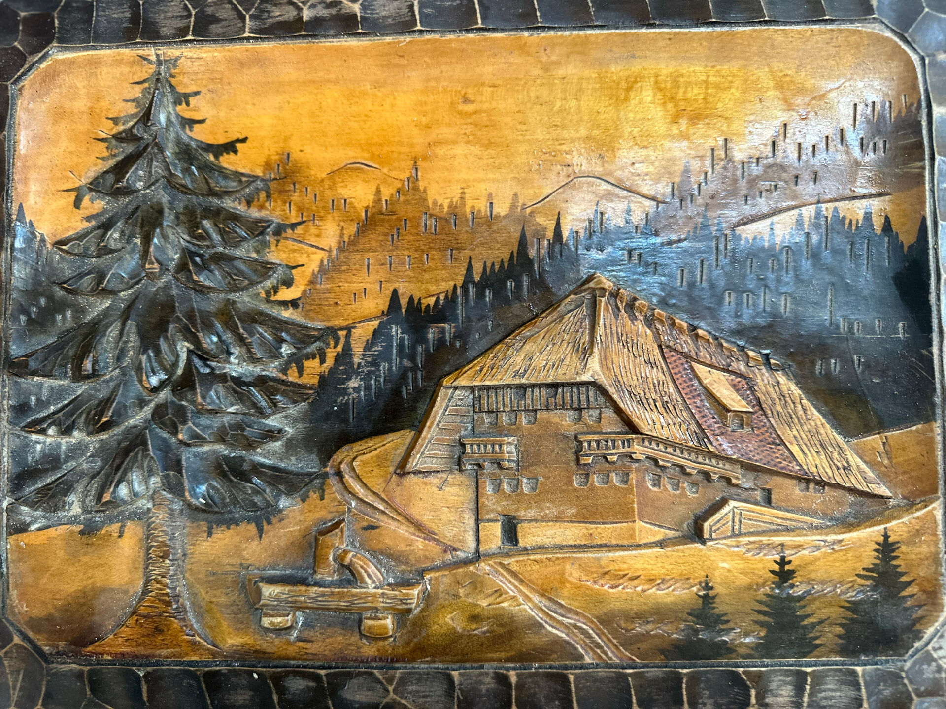 Carved wooden wall panel Black Forest Chalet mountain Switzerland Germany