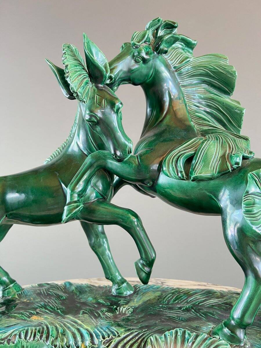 Glazed Ceramic Sculpture, Two Horses, Signed R. Prunet, 20th Century