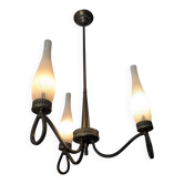 Vintage brass chandelier with three branches and twisted opaque glass.