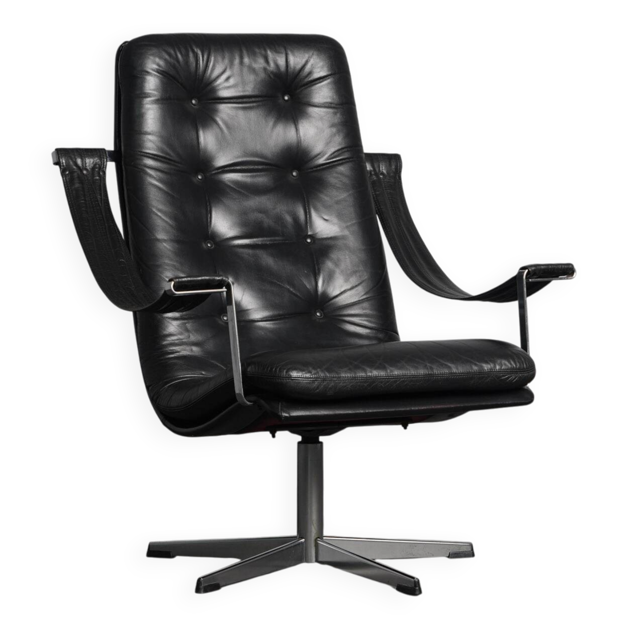 Modernist Black Leather Swivel Lounge Chair, Netherlands, 1960s