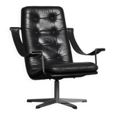 Modernist Black Leather Swivel Lounge Chair, Netherlands, 1960s