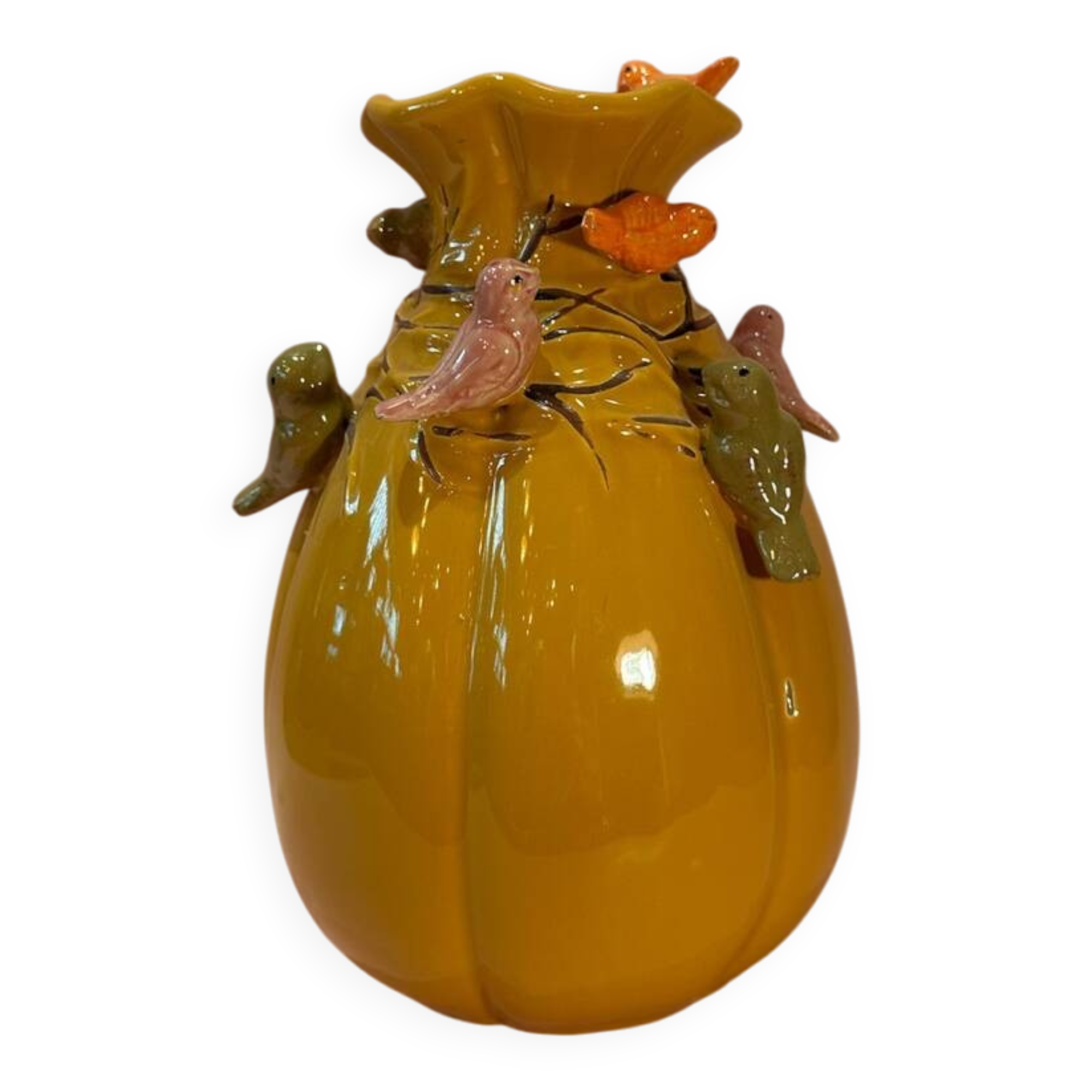 Yellow vase decorated with birds