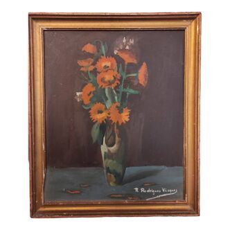 Peinture à l’huile vintage de fleurs signée Rodríguez Vázquez