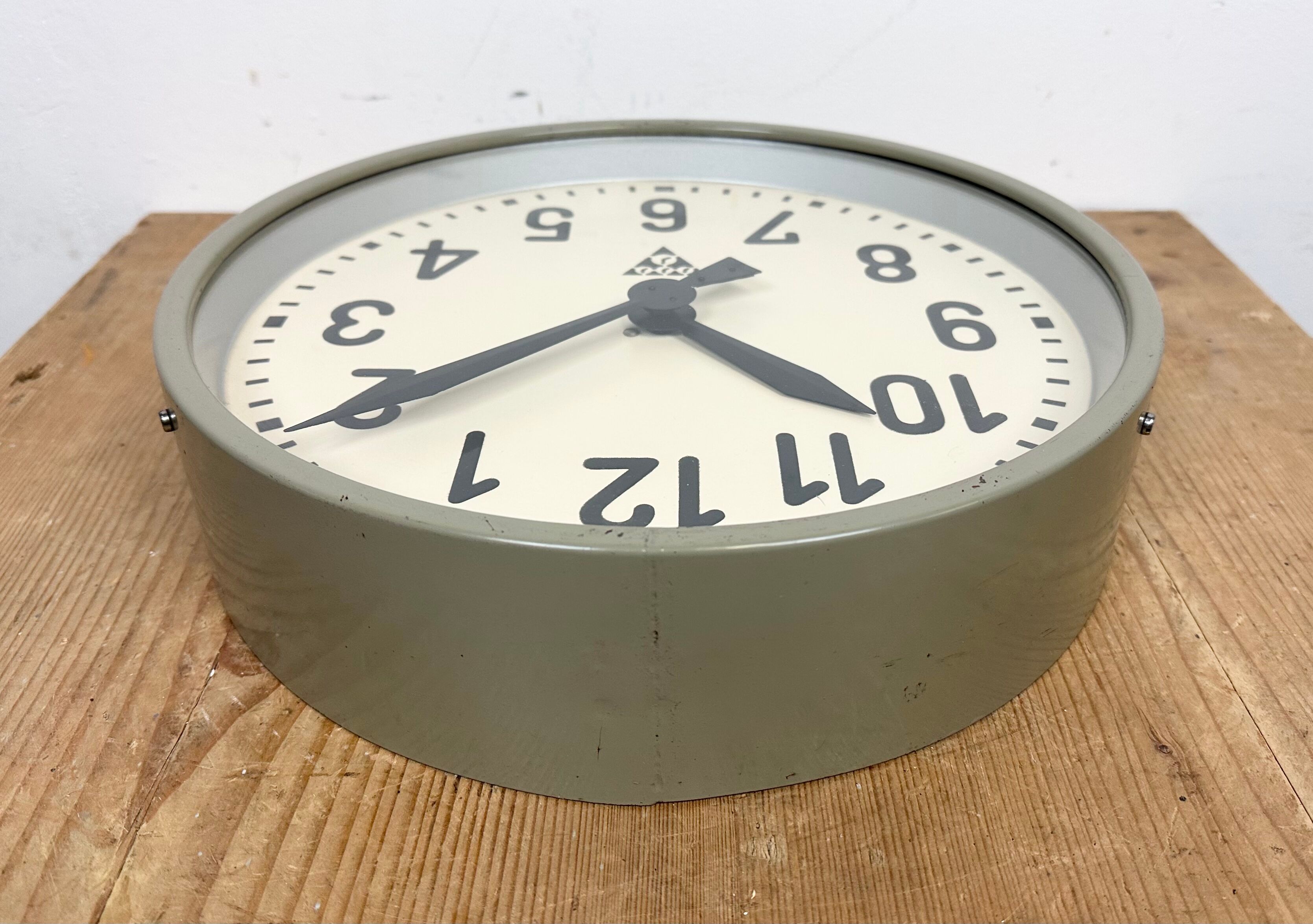 Grey Industrial Factory Wall Clock from Pragotron, 1950s