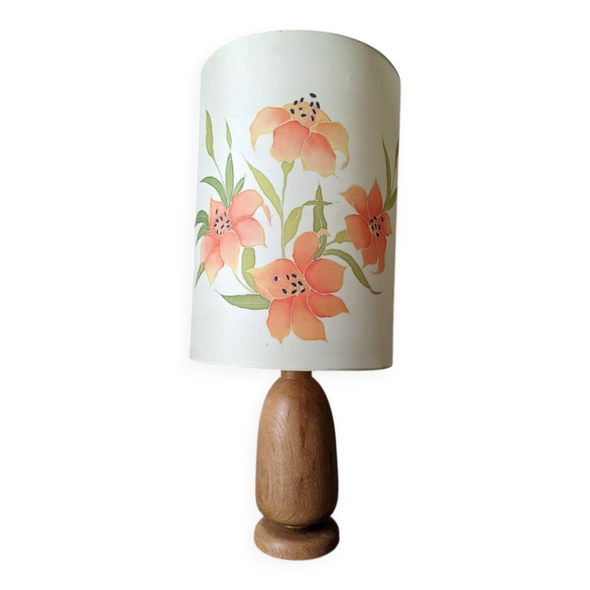 Vintage lamp with turned wooden base and silk lampshade, handcrafted floral decoration