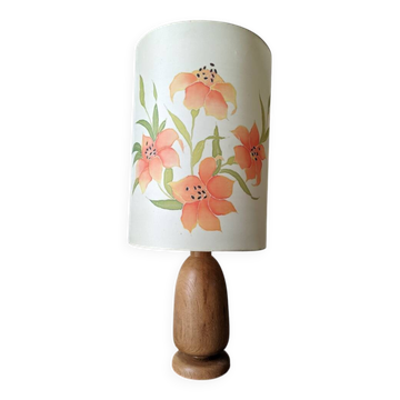 Vintage lamp with turned wooden base and silk lampshade, handcrafted floral decoration