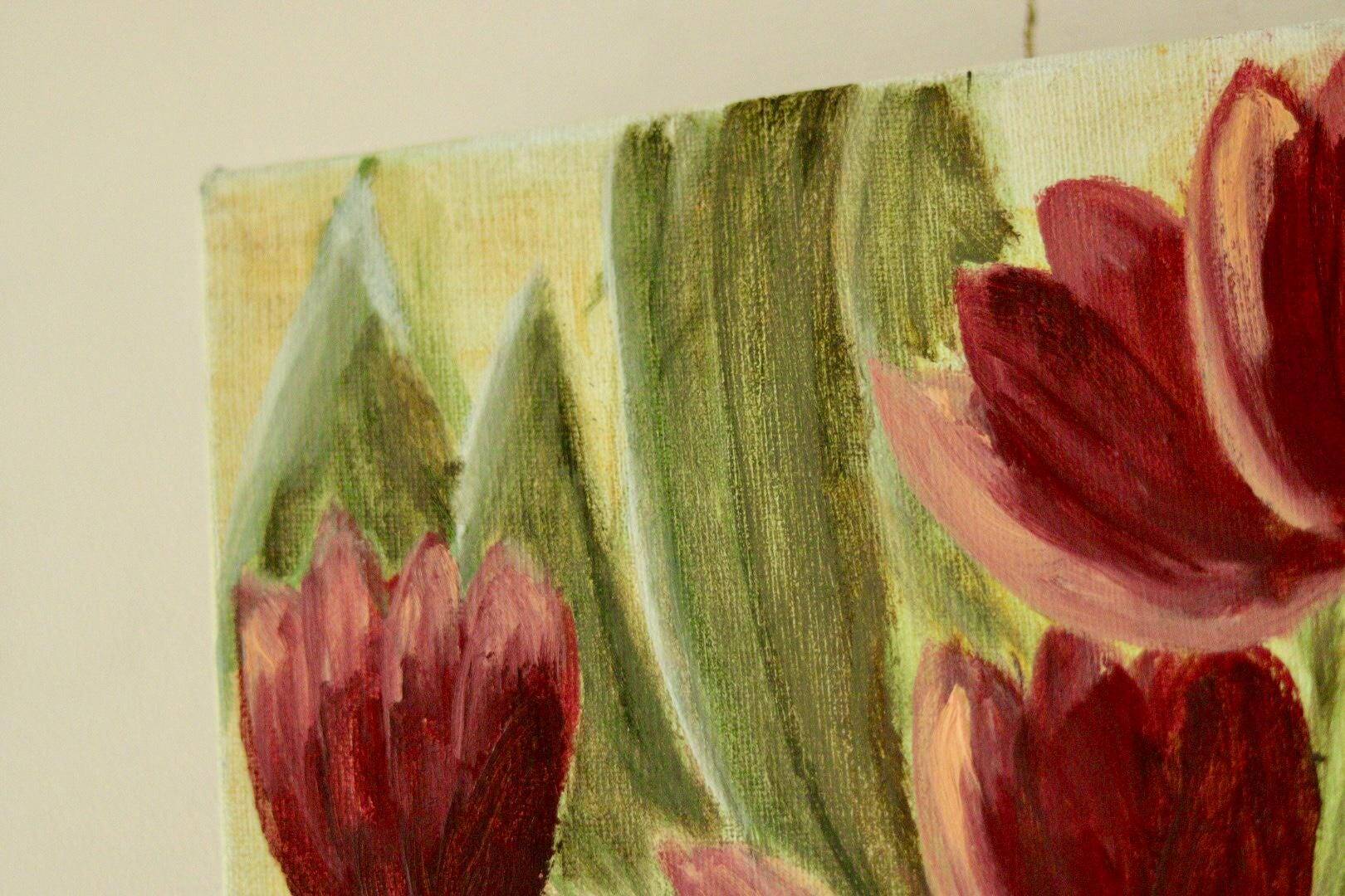 Nature morte aux tulipes – toile vintage d'un artiste non identifié