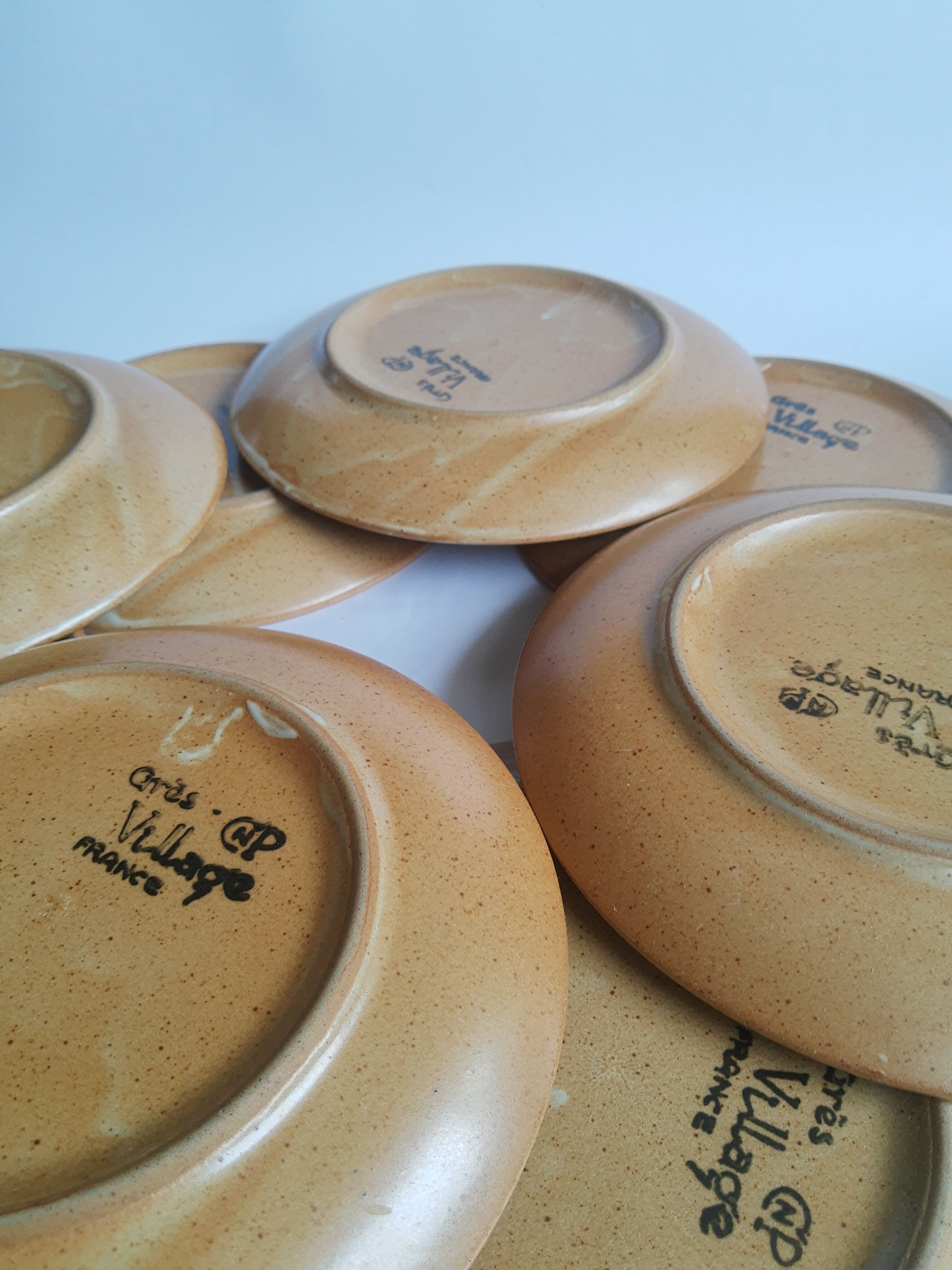 Set of 8 CNP stoneware dessert plates Grès village France vintage