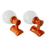 Pair of globe wall lights in pine and opaline 1960