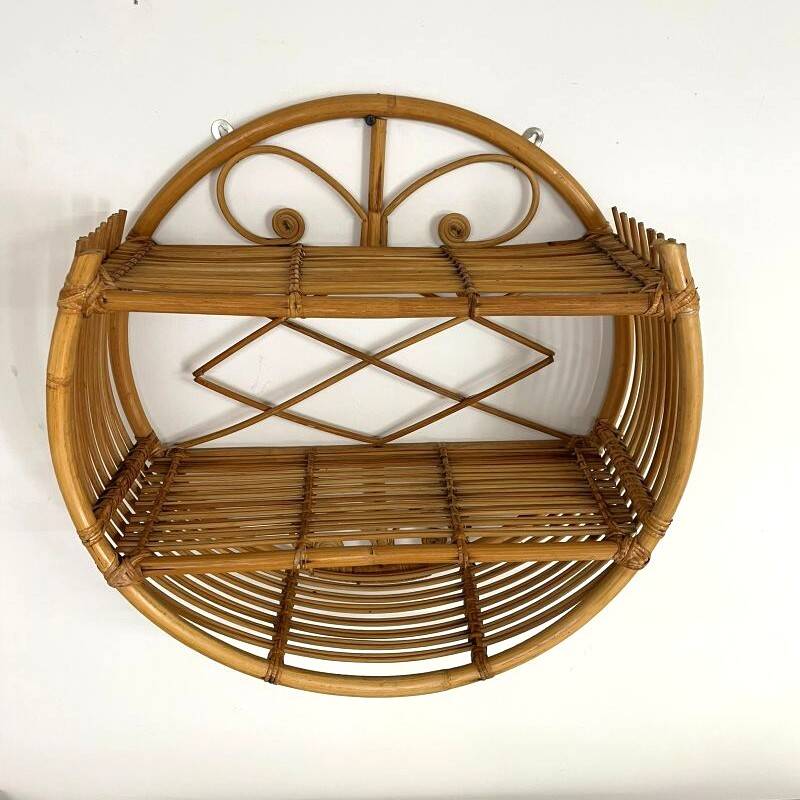 Vintage round rattan wall shelf – 70s bohemian style