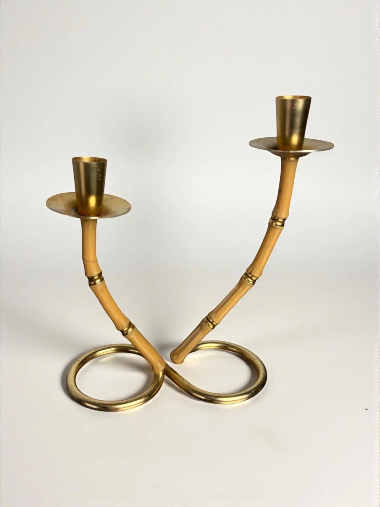 Faux bamboo & brass candleholder, Italy, 1970