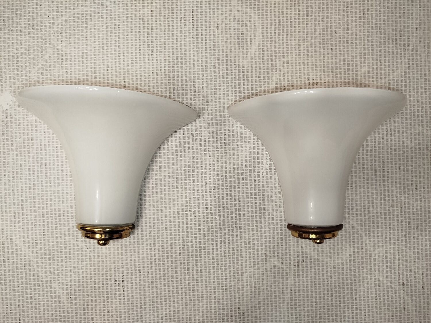 Pair of Italian wall sconces, frosted glass, brass.
