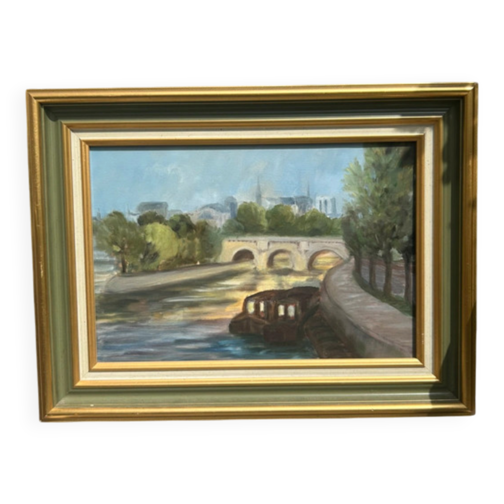 Framed oil painting on canvas - Paris - Pont Neuf - Notre Dame de Paris