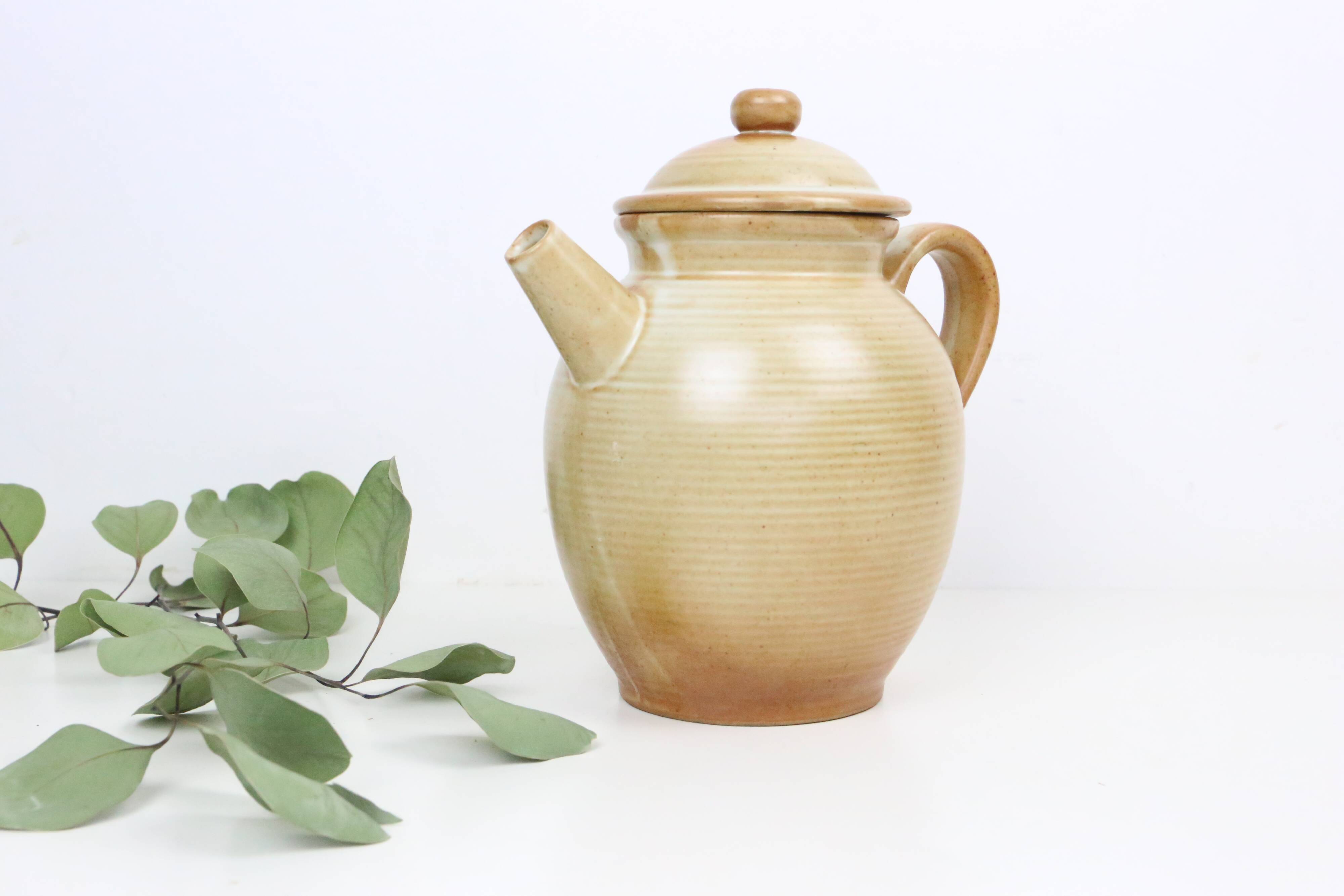 Vintage beige stoneware teapot, signed Grès Village