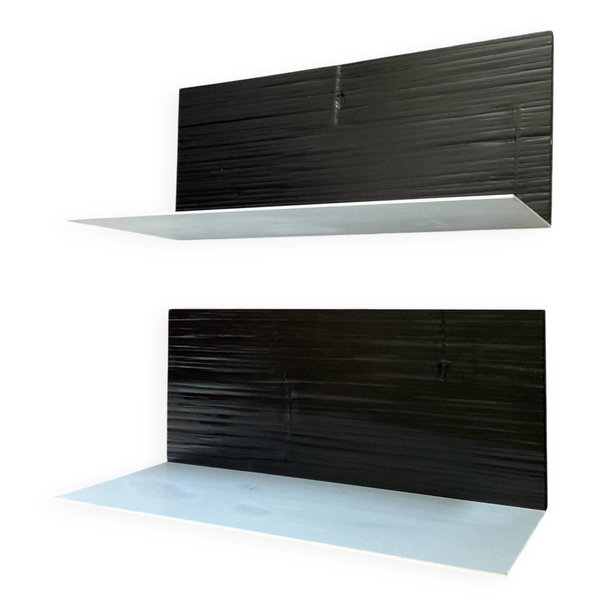 Pair of contemporary shelves in steel and stained wood