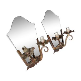 Pair of wrought iron and glass sconces